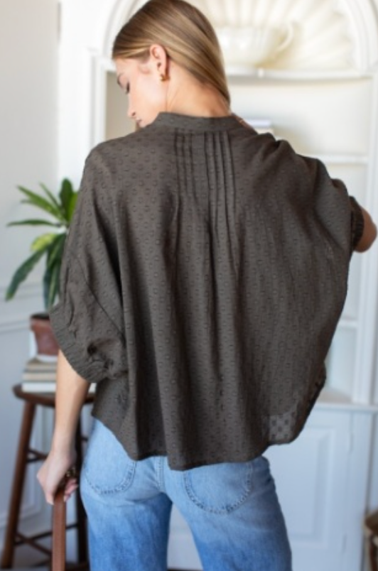 Mandarin Collar Top | Olive Grove Swiss Dots