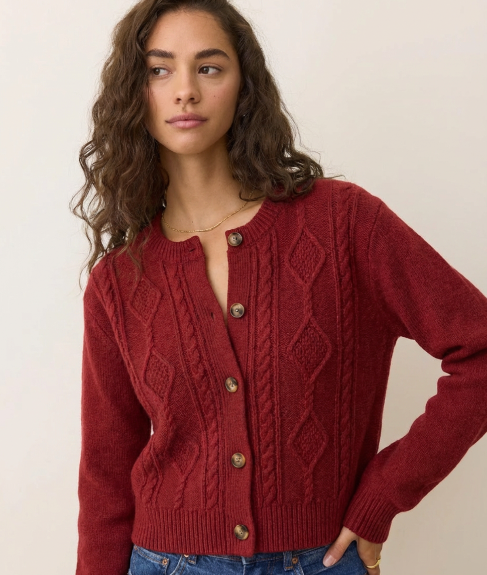 Everly Cable Knit Cardigan | Crimson