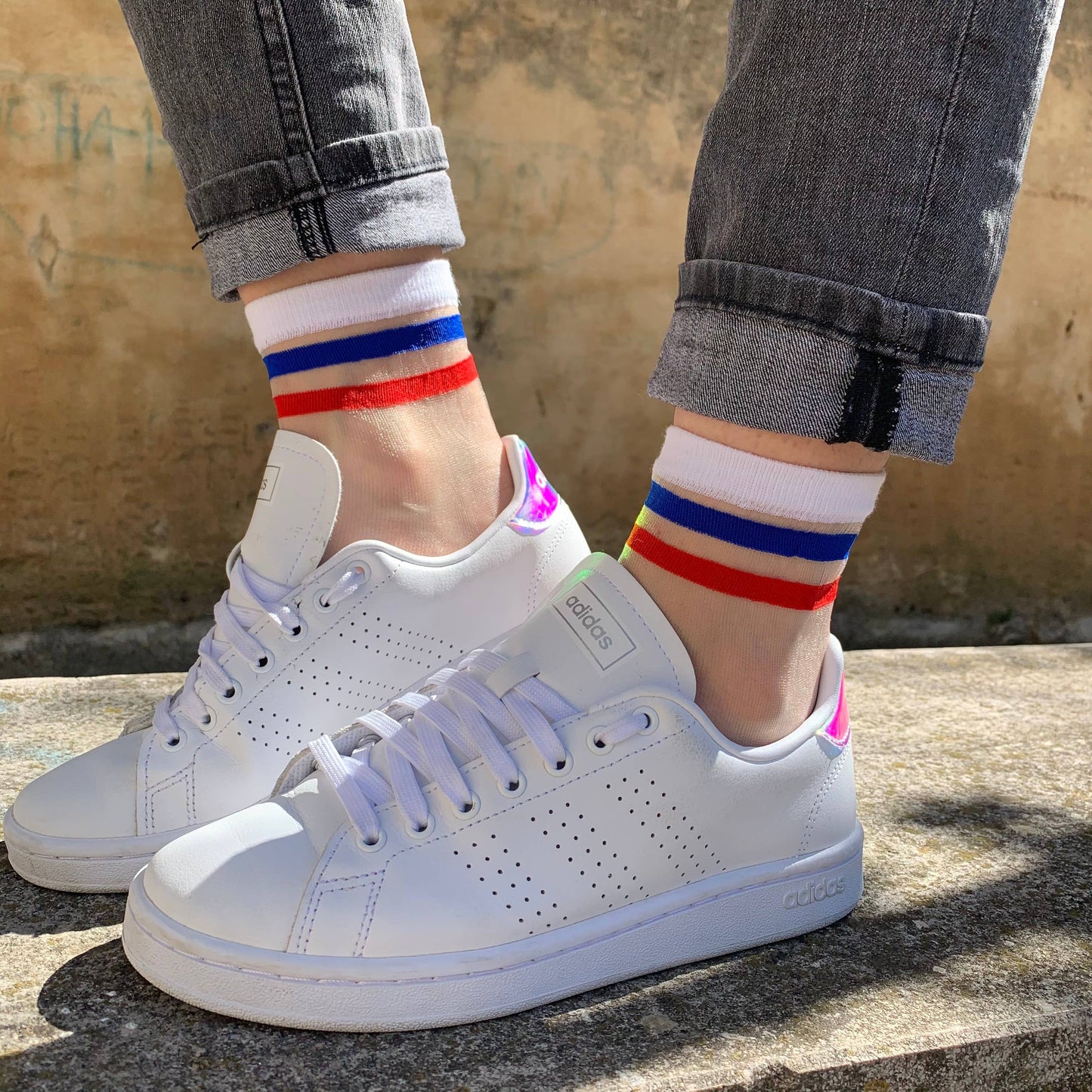 Mimi Blue White Red Sheer Socks