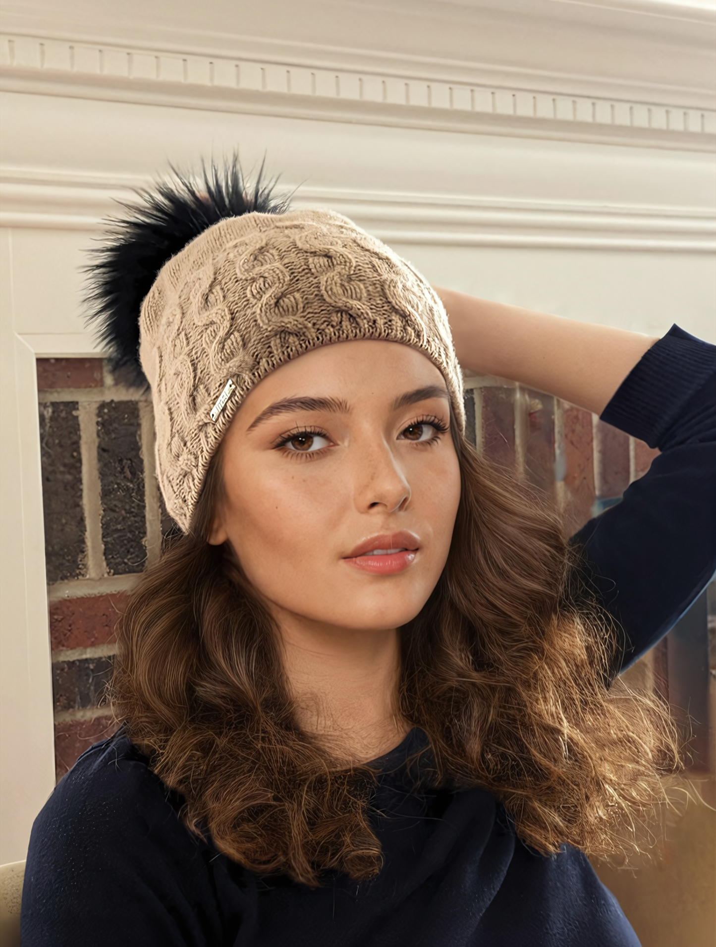 50% Cashmere 50% Merino Cable Knit Hat w/ Detachable Fur Pom