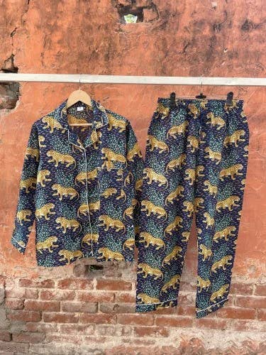 100% Cotton Cheetah  PJ Set | Navy Pajamas