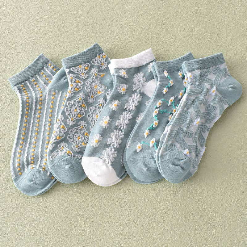Blue Floral Ankle Socks - Knitted Vintage Low Cut Socks