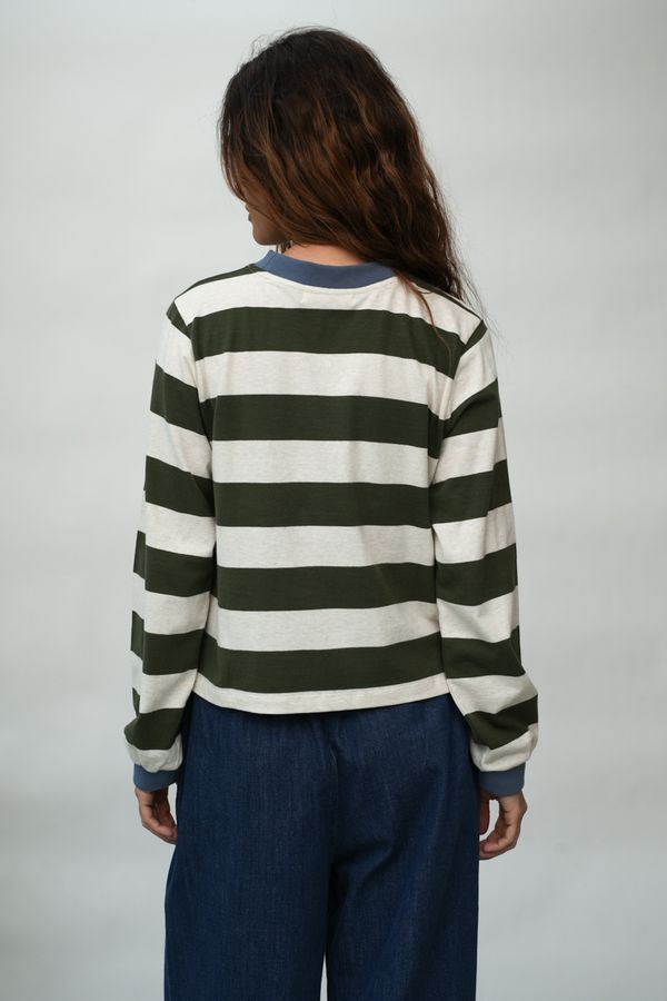 Sierra-Sue Organic Cotton Jersey Stripe Top | Olive and ecru marl stripe
