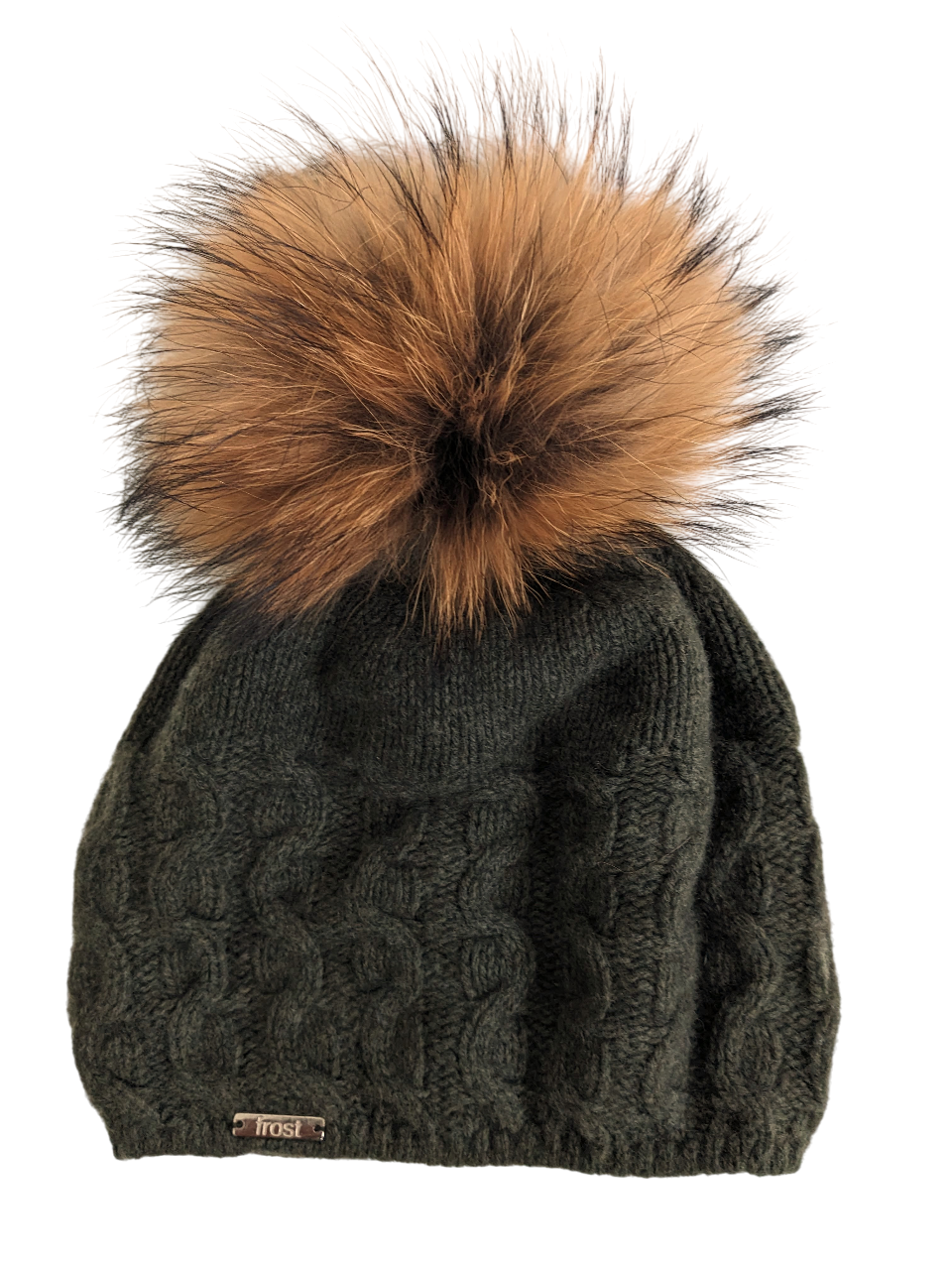 50% Cashmere 50% Merino Cable Knit Hat w/ Detachable Fur Pom