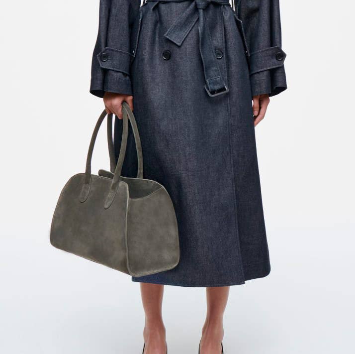 Italian Suede Leather Shoulder Bag with Long Handles