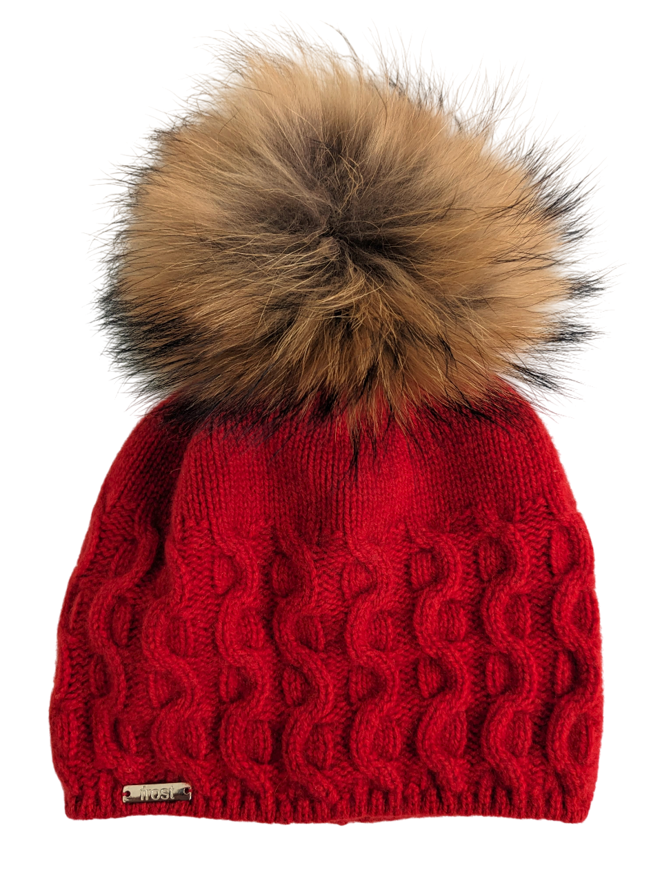 50% Cashmere 50% Merino Cable Knit Hat w/ Detachable Fur Pom