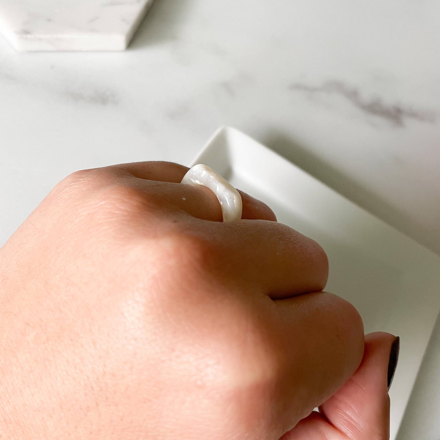 Square Dome Ring in White Pearl