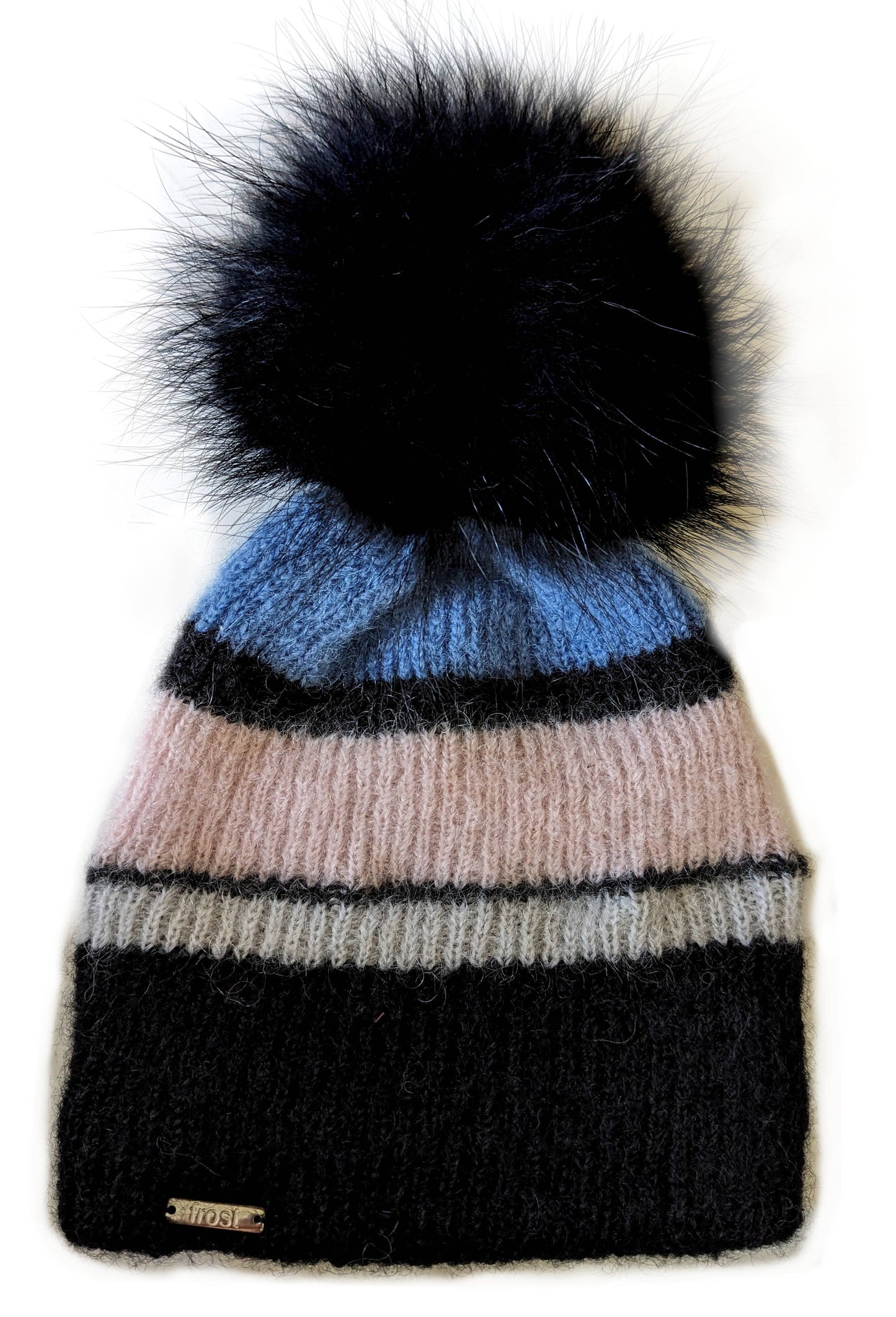 Striped mohair hat with fur pompom and fleece band lining