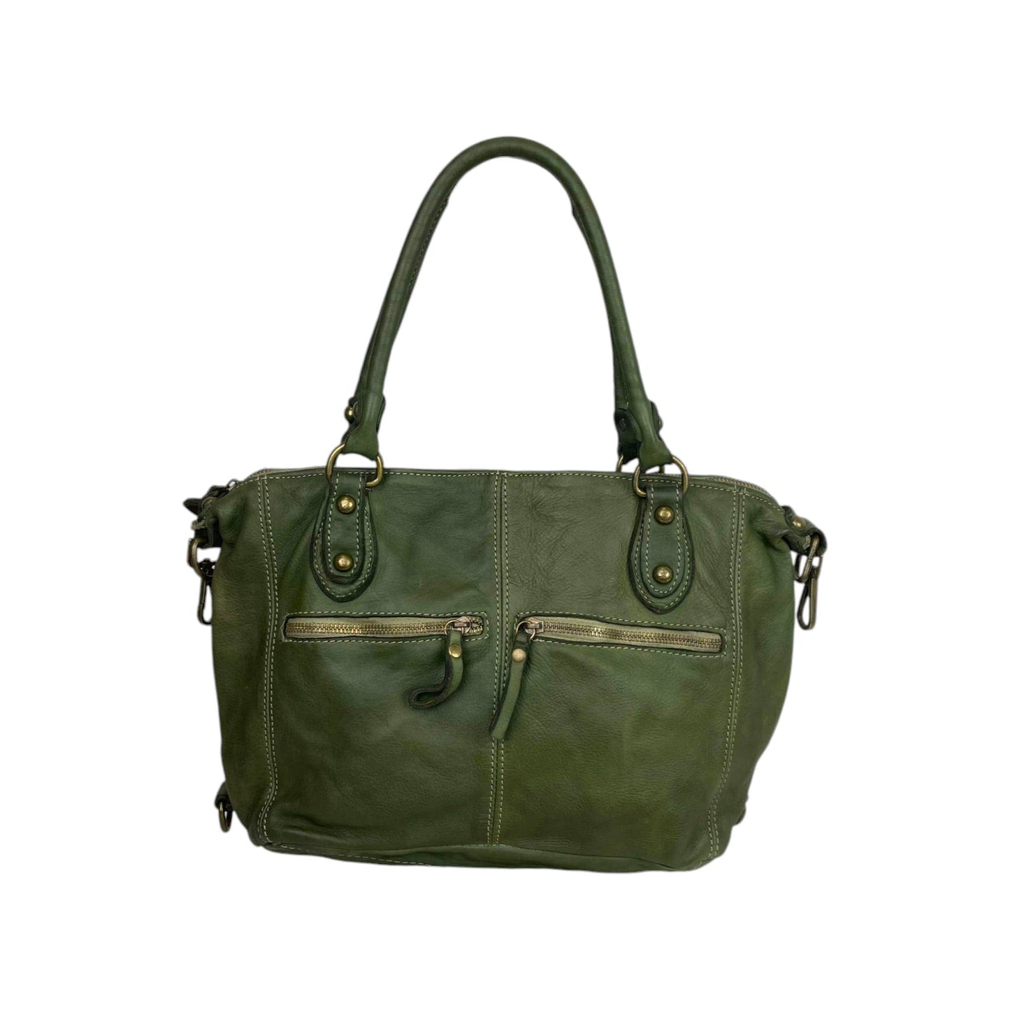 Vintage Look Washed Leather Bag with Front Pockets
