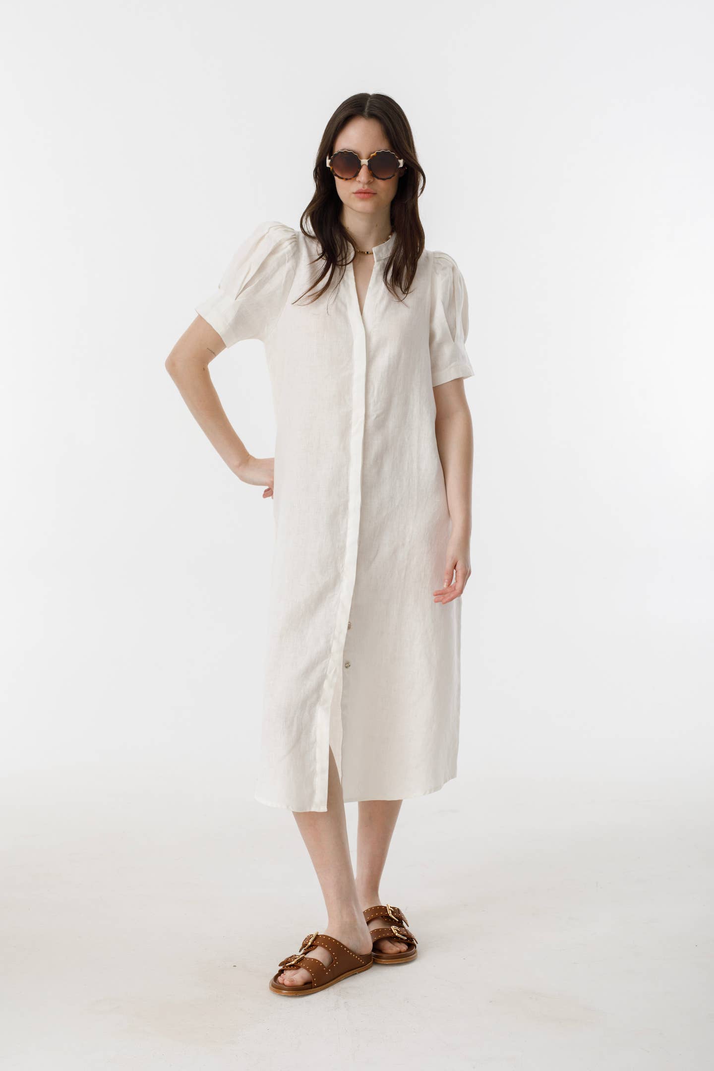 Athina Midi Linen Dress - White
