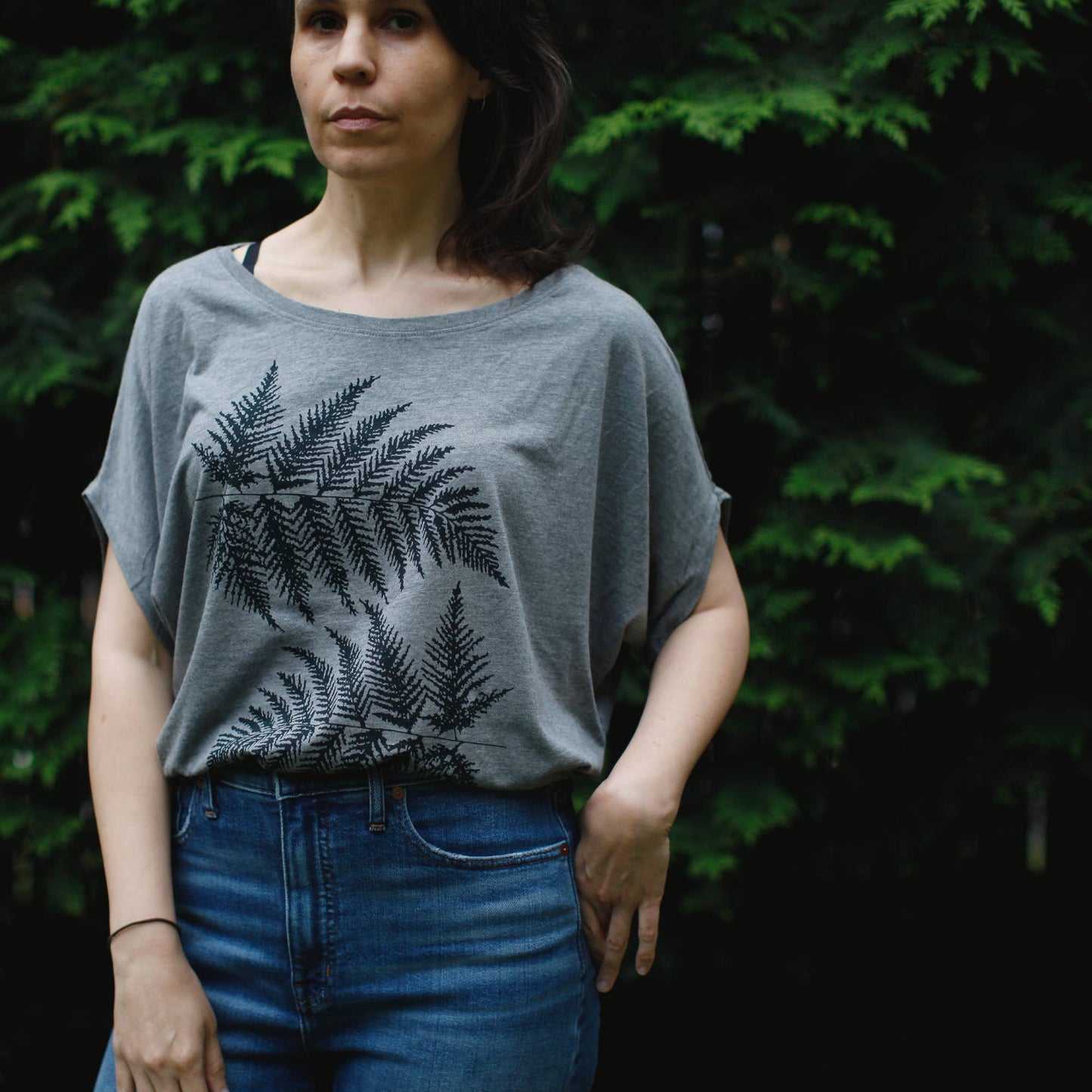 Forest Fern Leaves Womens Dolman Sleeve Bamboo Top Gray