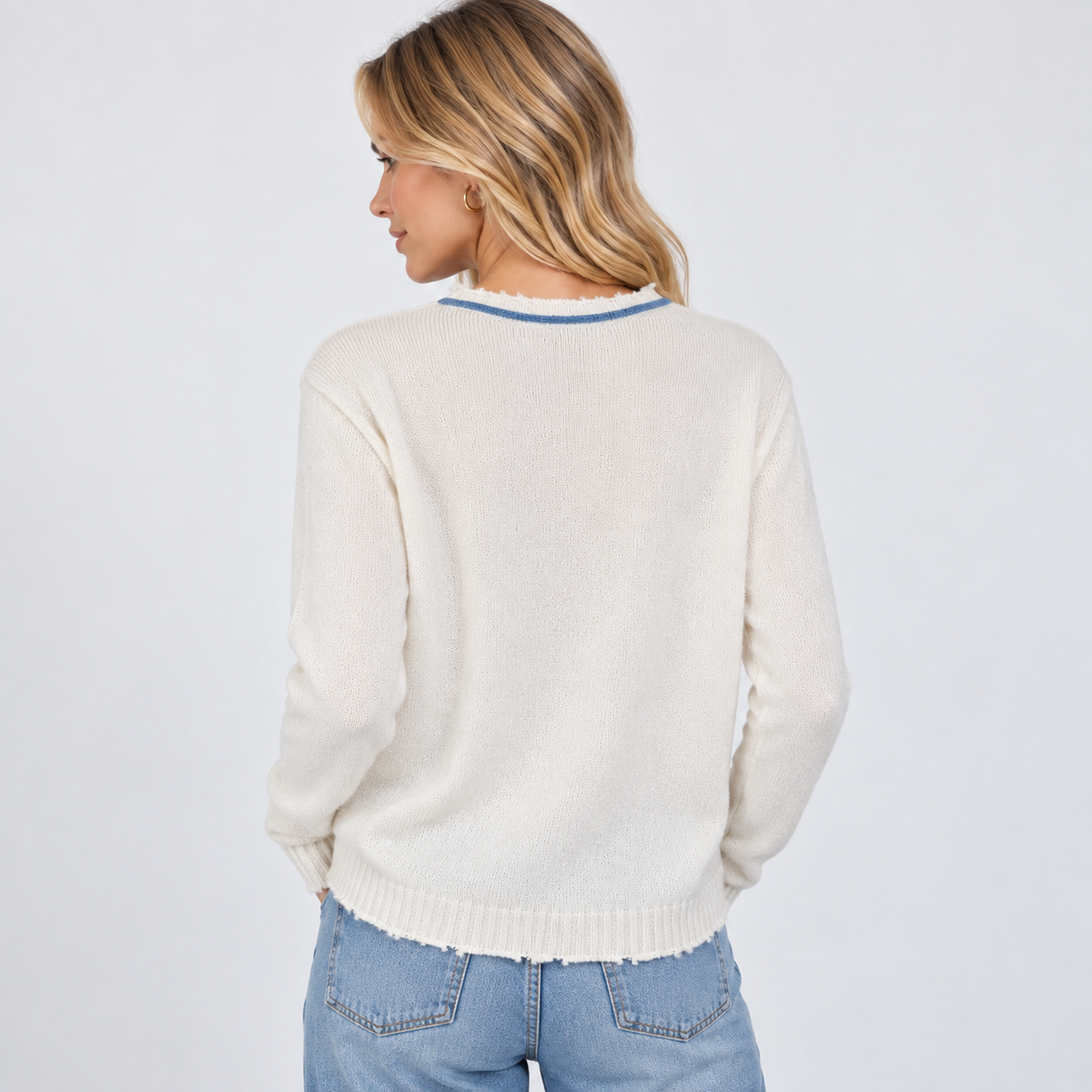 Highland Raw Edge 100% Mongolian Cashmere Sweater in Ivory with Blue