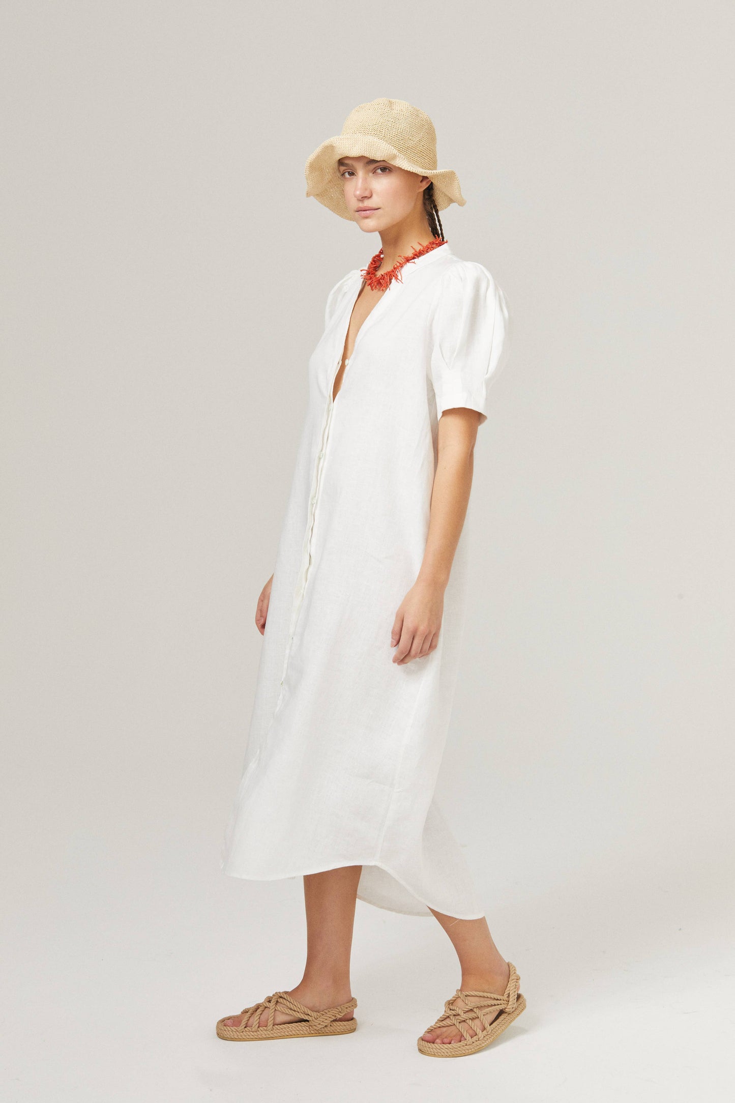 Athina Midi Linen Dress - White