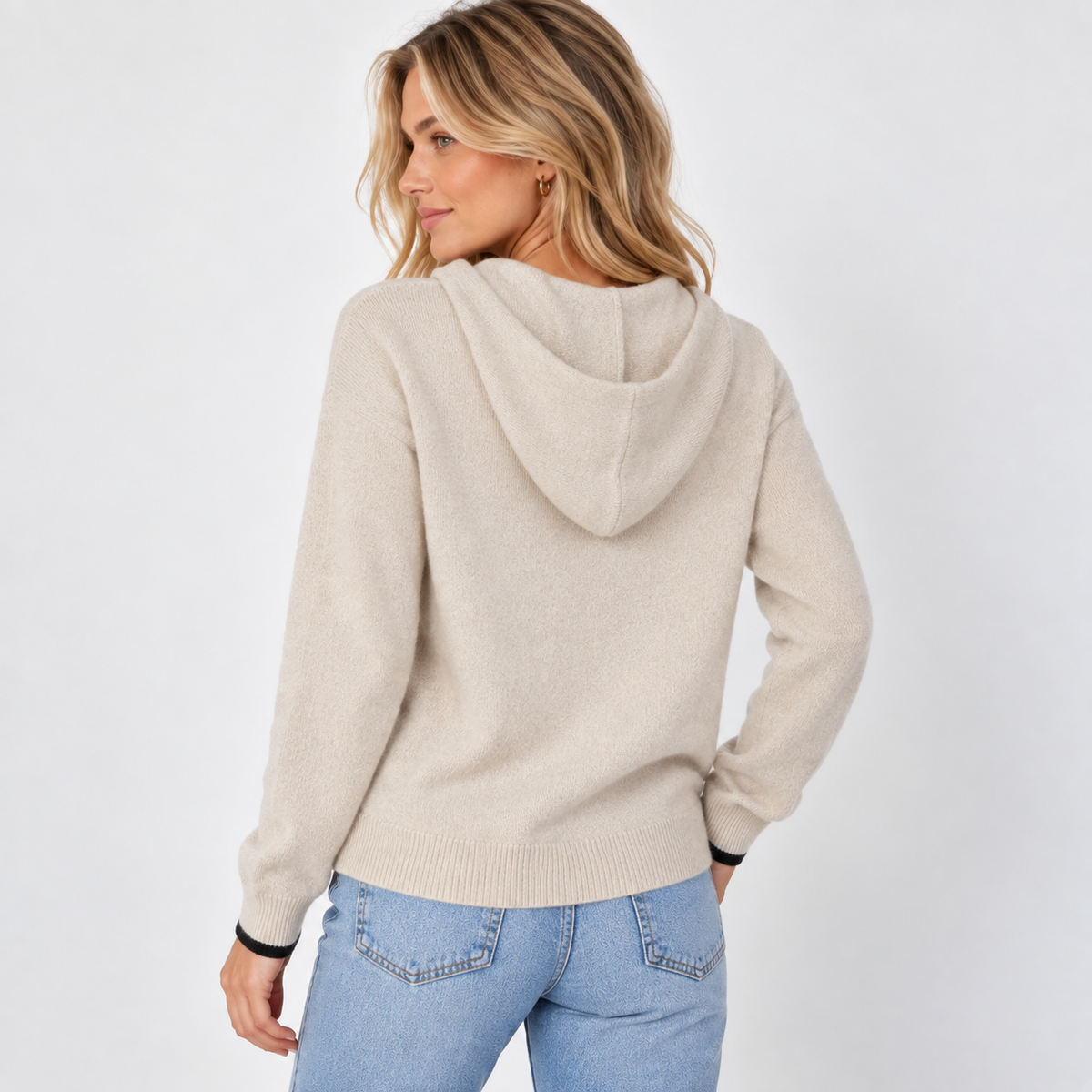 Highland Hoodie 100% Mongolian Cashmere in Beige with Black