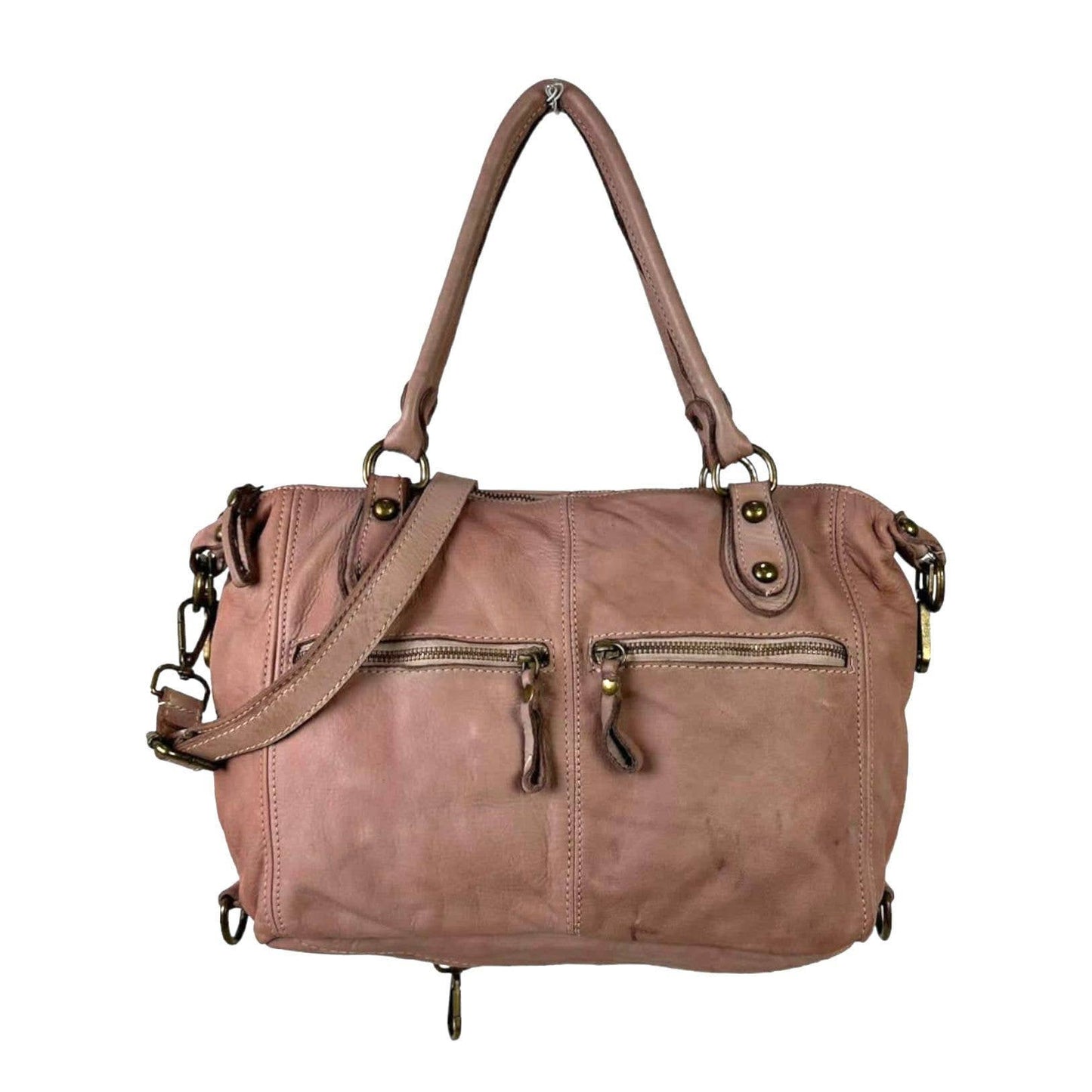 Vintage Look Washed Leather Bag with Front Pockets