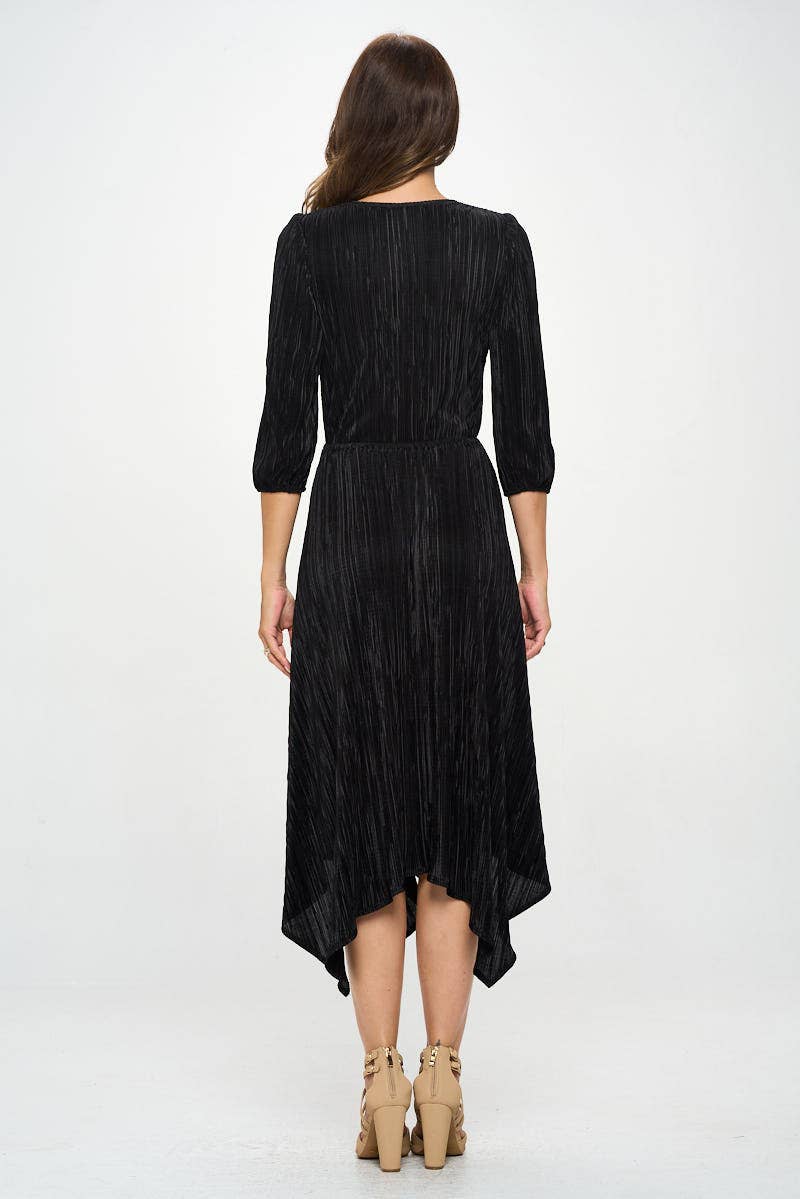 Plisse V neck Dress with Asymmetrical Hem (Made in USA)