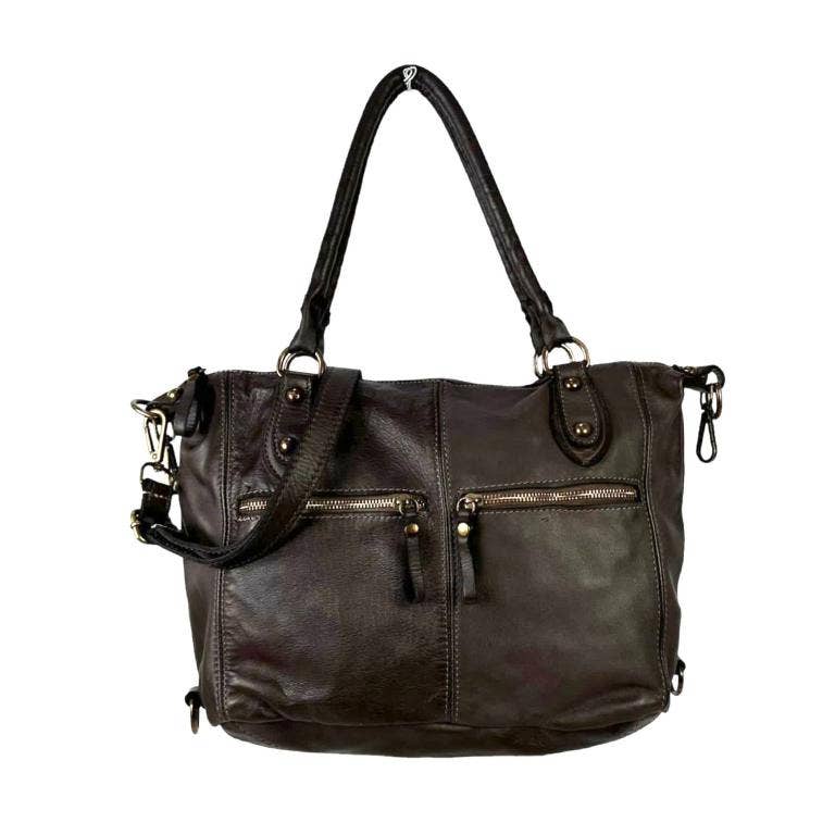 Vintage Look Washed Leather Bag with Front Pockets