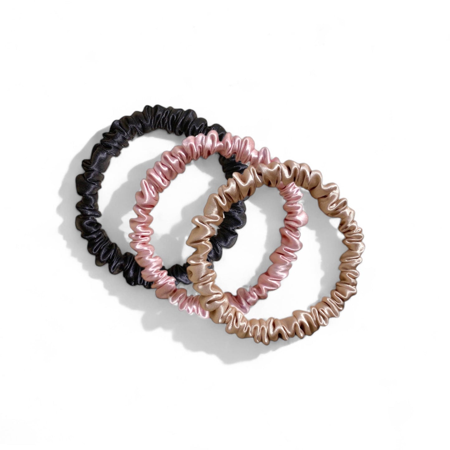 Skinny Silk Scrunchie 3 Pack Bundle - Black, Pink, Champagne