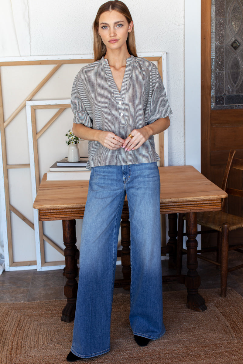 Emerson Fry Mandarin Collar Top | Charcoal Stripe