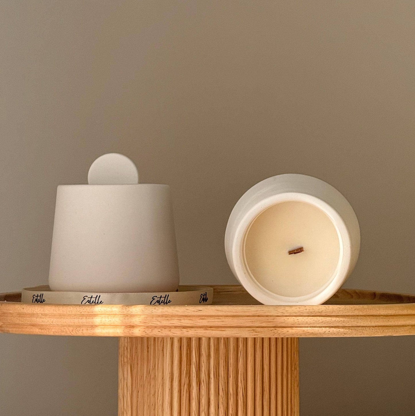 Geometric Soy Wax Candle with Lid Organic Jesmonite Vessel Scented Wood Wick Home Decor