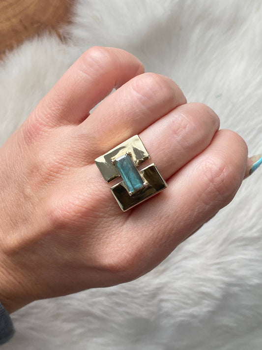 Brass Rectangle Ring with Labradorite Stone