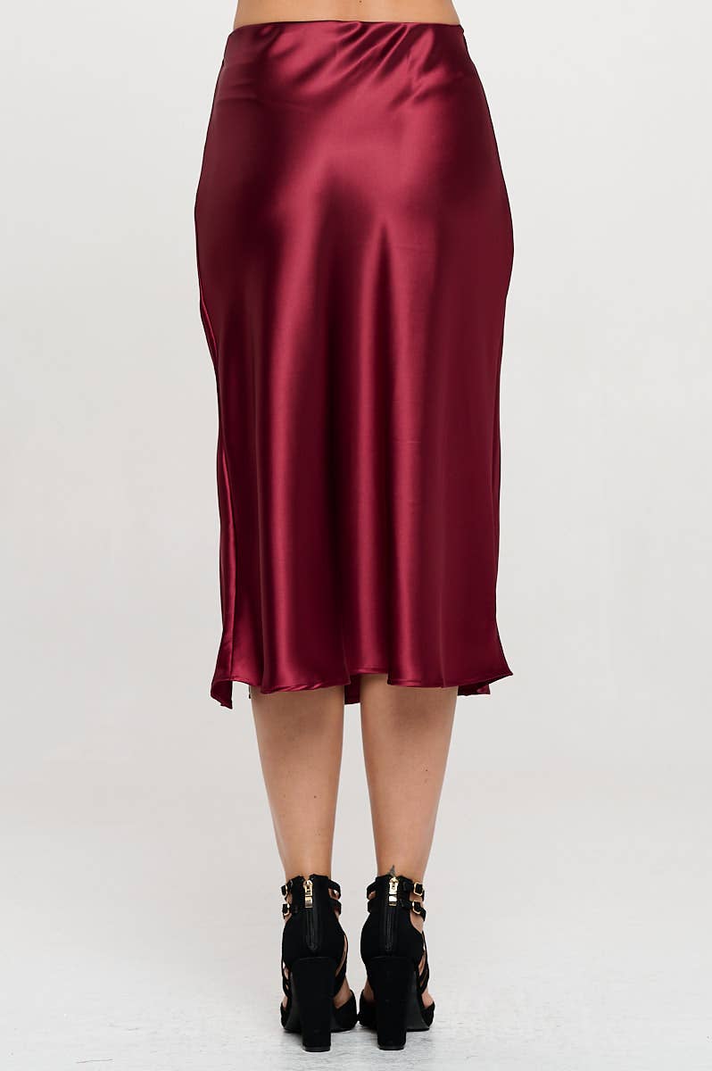 Burgundy Satin Midi Skirt with Slit (Made in USA)