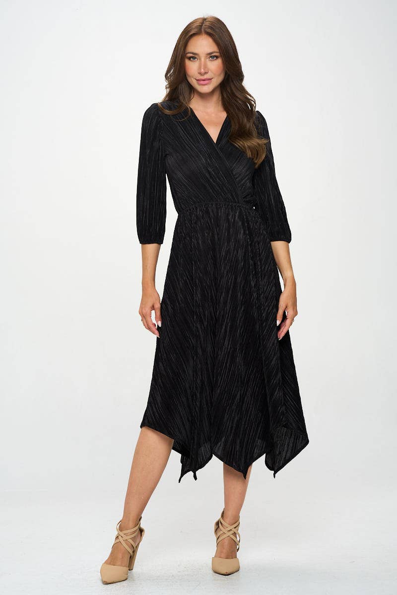Plisse V neck Dress with Asymmetrical Hem (Made in USA)