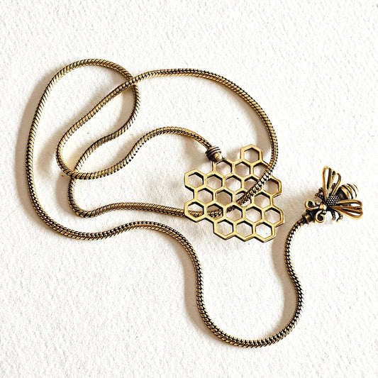 Brass Bee Honeycomb Chain Lariat Necklace BX37