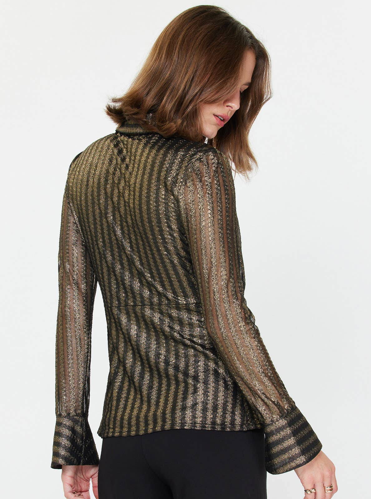 Black/Gold Metallic Striped Twist-Front Blouse