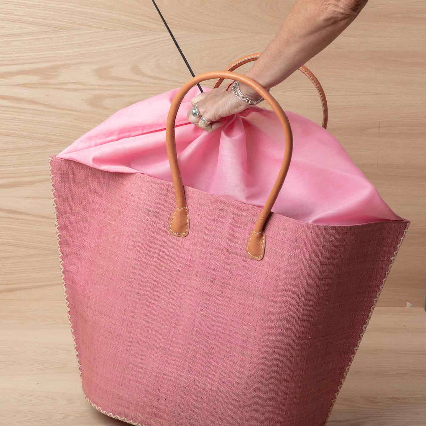 RAFFIA PINK with Leather Handle Tote Bag