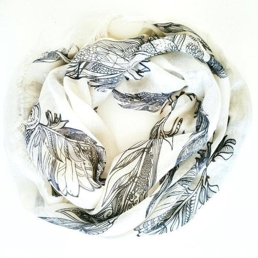 Bisjoux Feather owl print sheer Light Scarf wrap shawl