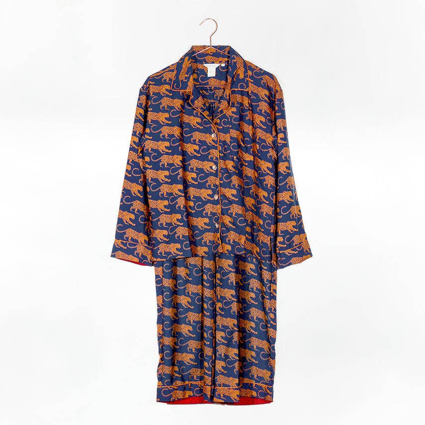 Women's Navy Leopard Washable Silk Pajamas