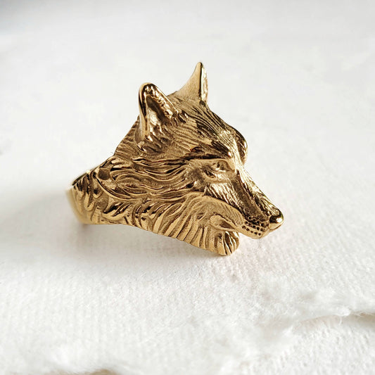 Wolf dog fox canine animal ring gold plated bold #BX11