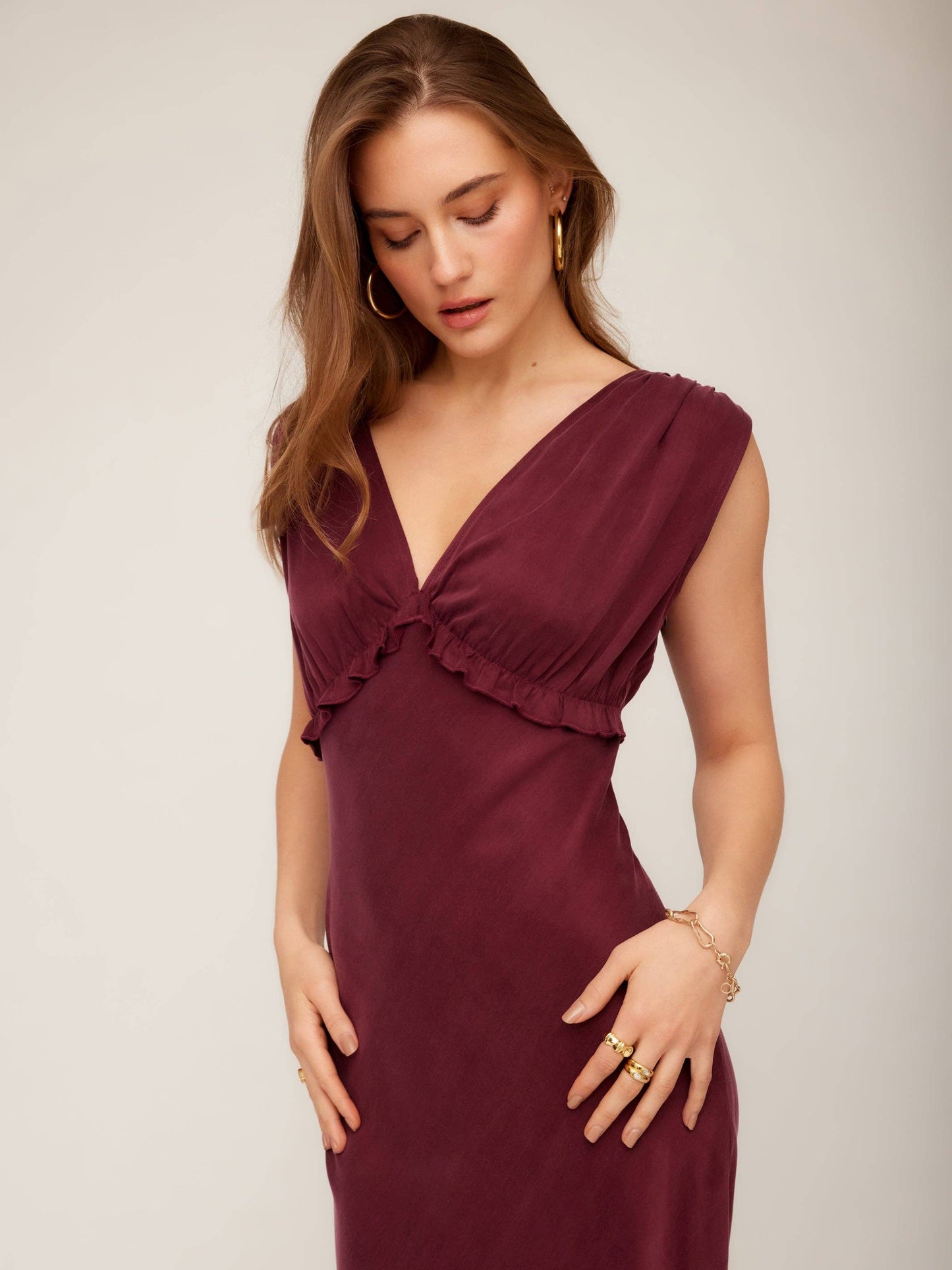Cierra Ruffle Detail Midi Dress