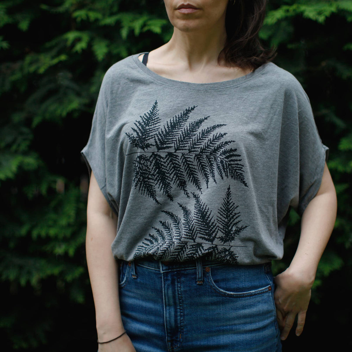 Forest Fern Leaves Womens Dolman Sleeve Bamboo Top Gray