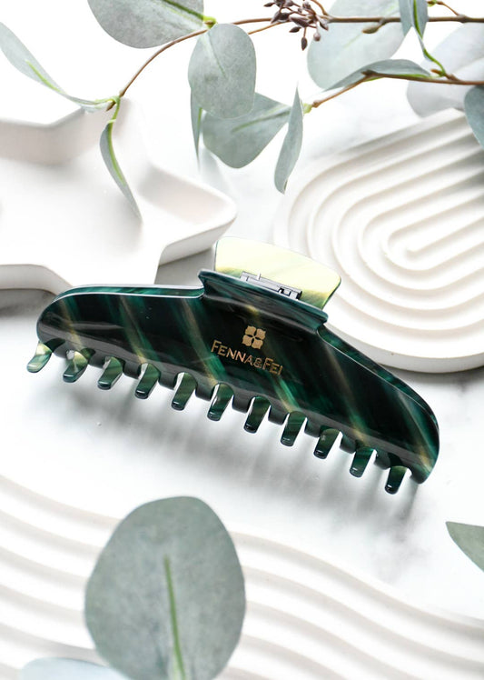Glamour Grip XL Claw in Roscoelite | Emerald Gold Shimmer |  Italian Acetate Tortoise Shell XL Hair Clip