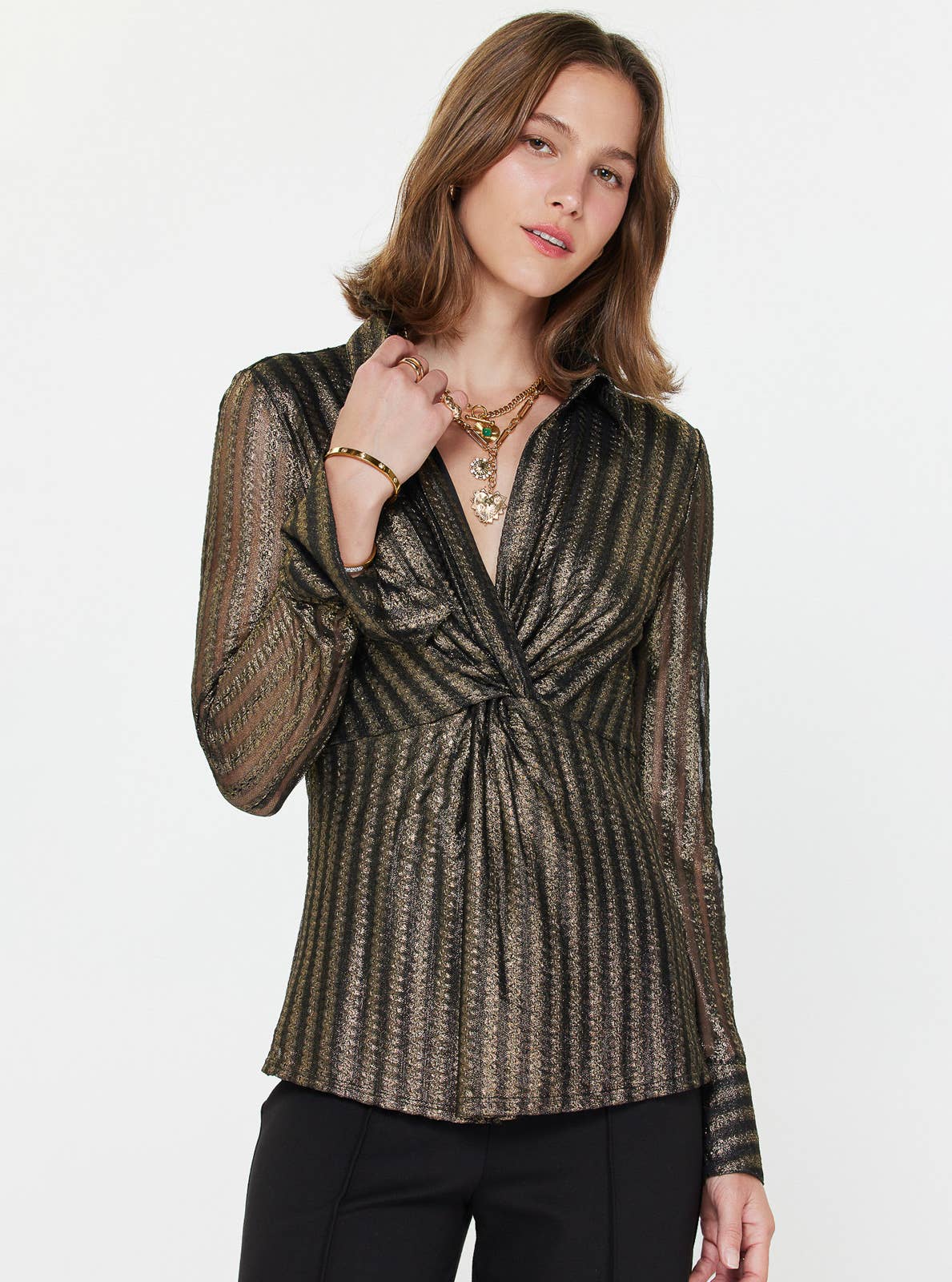 Black/Gold Metallic Striped Twist-Front Blouse