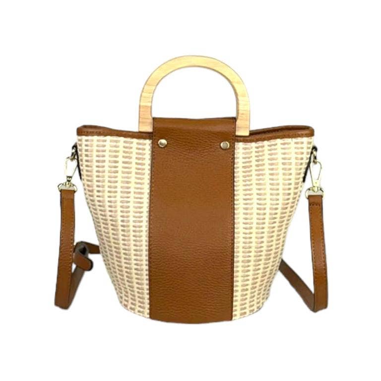 Italian Raffia and Leather Bucket Bag with 2 Wooden Handles