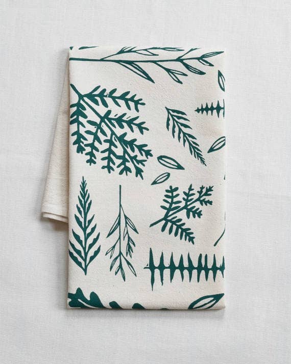 Organic Cotton Woodland Ferns Tea Towel in Dark Green - Eco