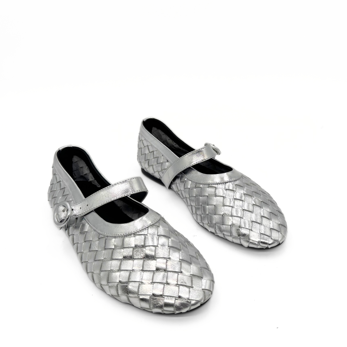 Rena Woven Leather Mary Jane Flat | Silver