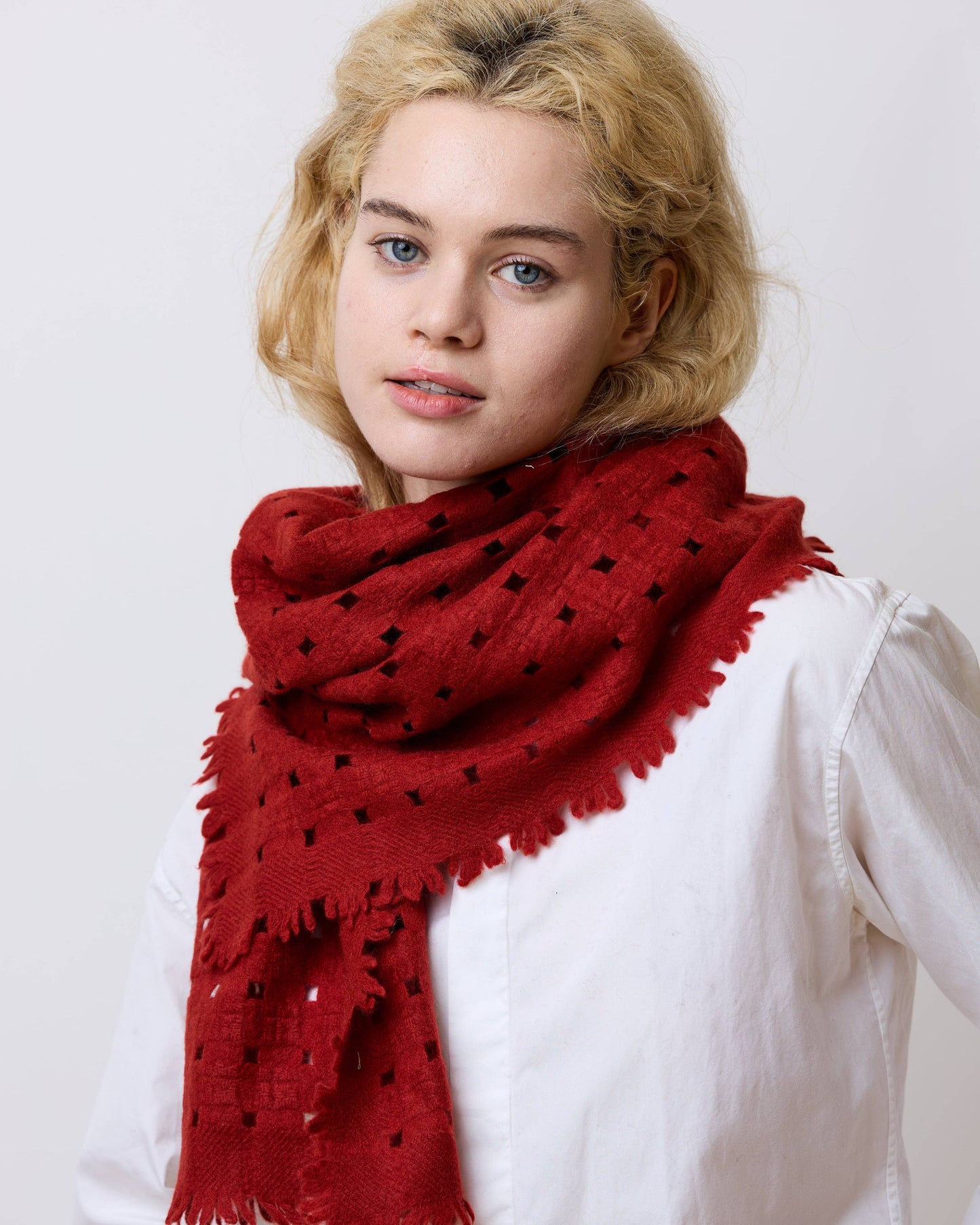 "Pixie" Eyelet Cashmere Scarf - Red