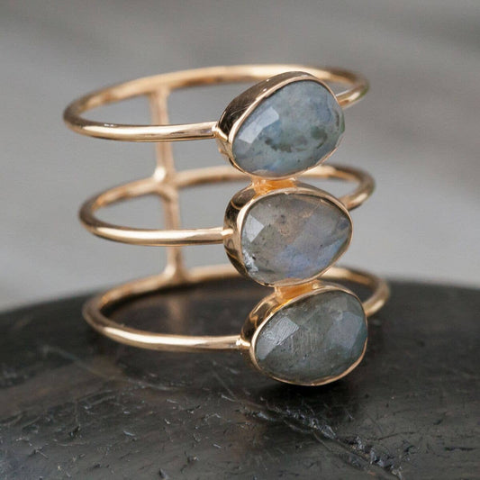 Gold Plated Labradorite Bar Ring - BR5