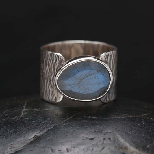 Sterling Silver Hammered Ring with Cut Labradorite