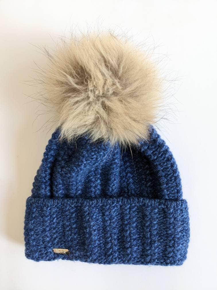Cashmere Chunky Knit Hat with Detachable Raccoon Fur Pom