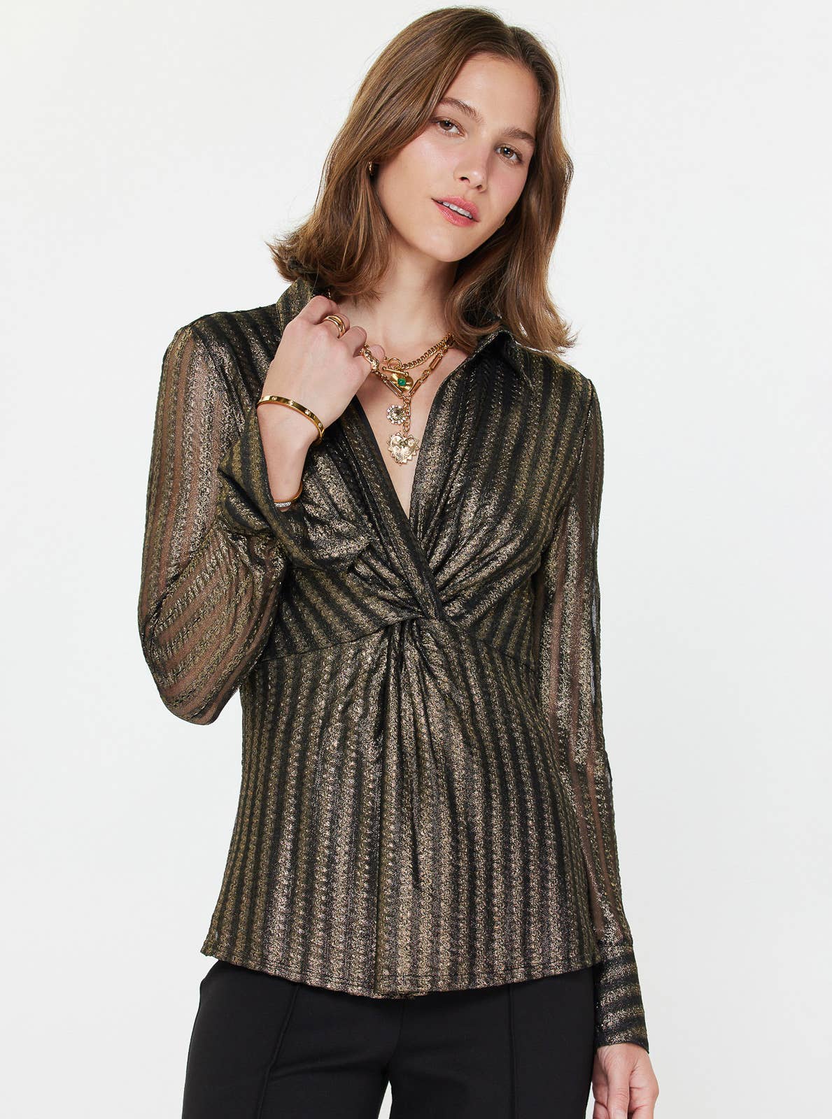 Black/Gold Metallic Striped Twist-Front Blouse