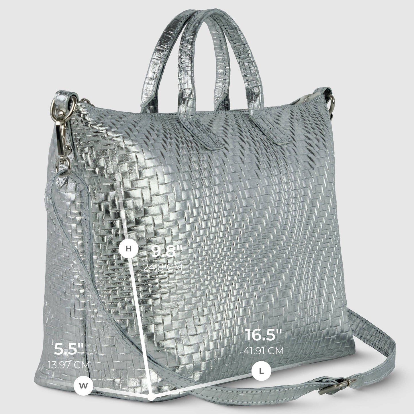 Italian Genuine Basketweave-Embossed Metallic Suede Top-Handle Bag | Treviso