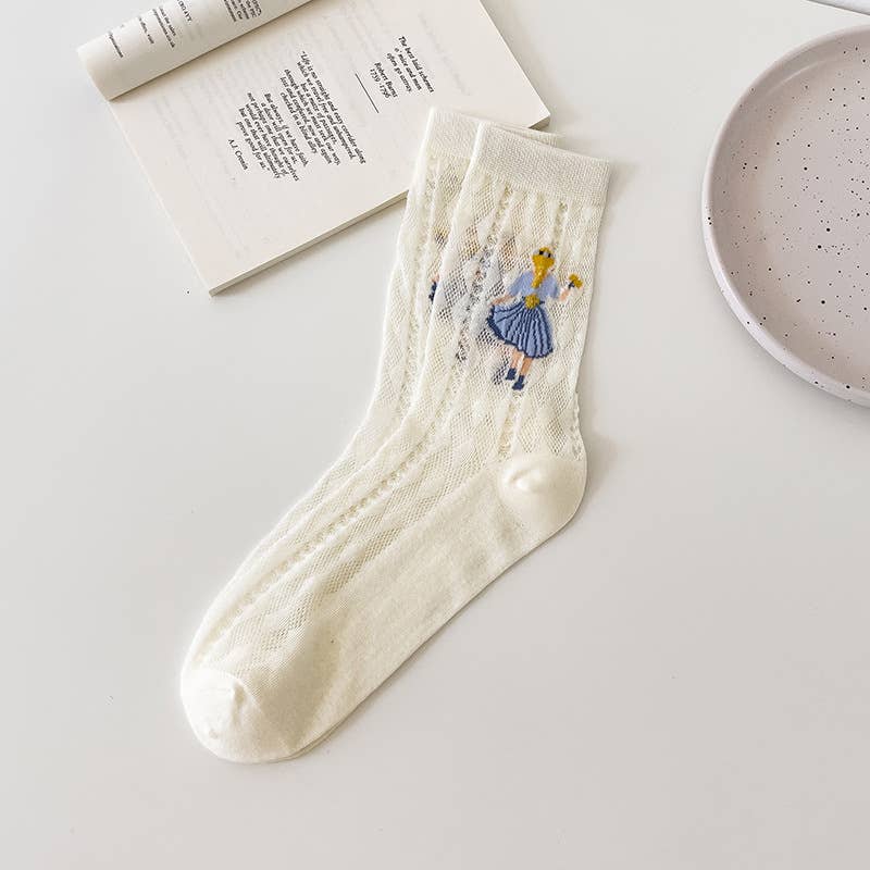 Women’s Sheer Cotton Crew Socks with Illustrated Girls