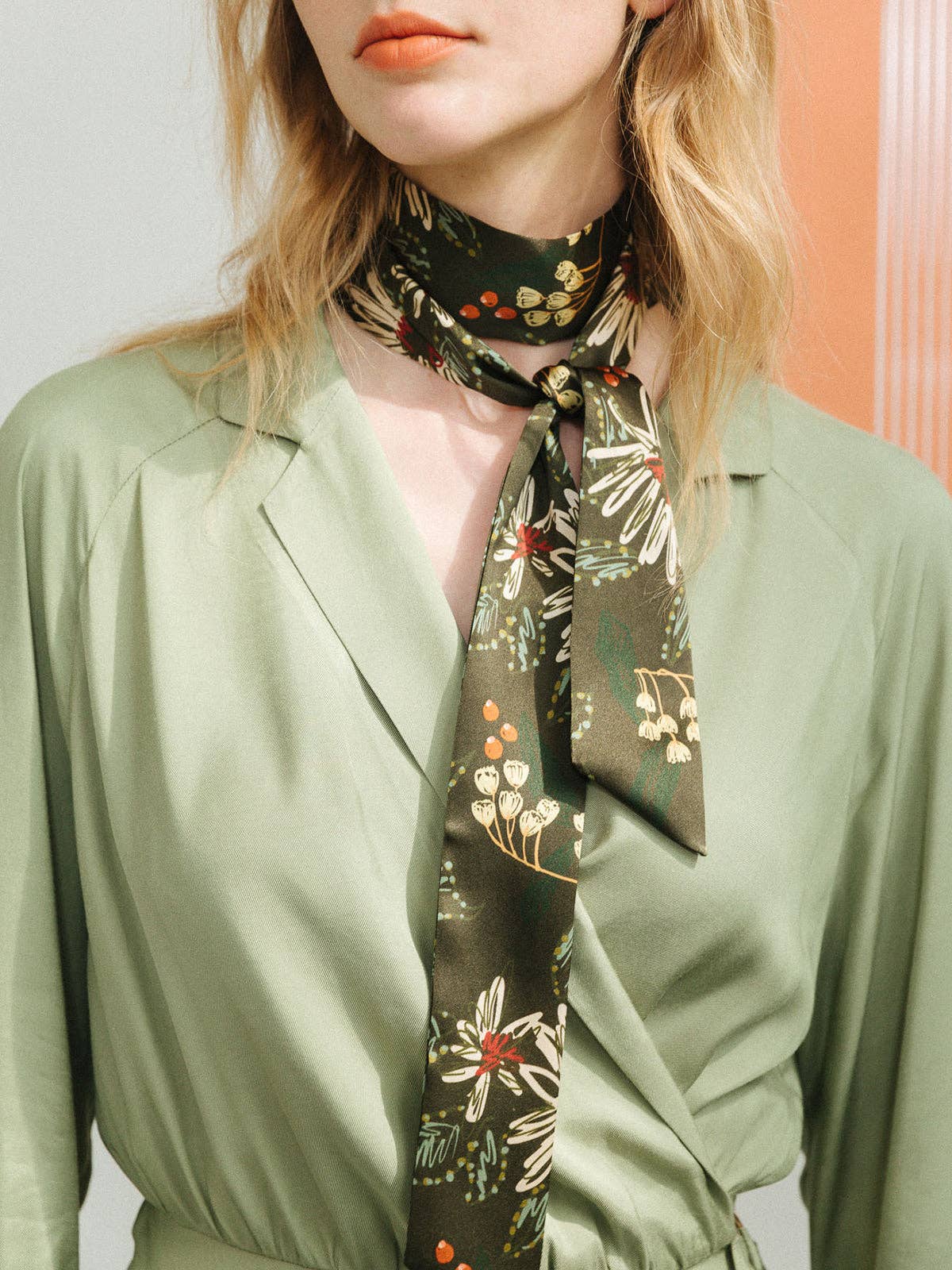 "Forest Charm" Silk Skinny Scarf - Moss Green