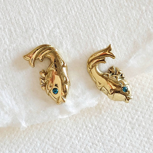 Brass fish stud earrings aquamarine  Earrings