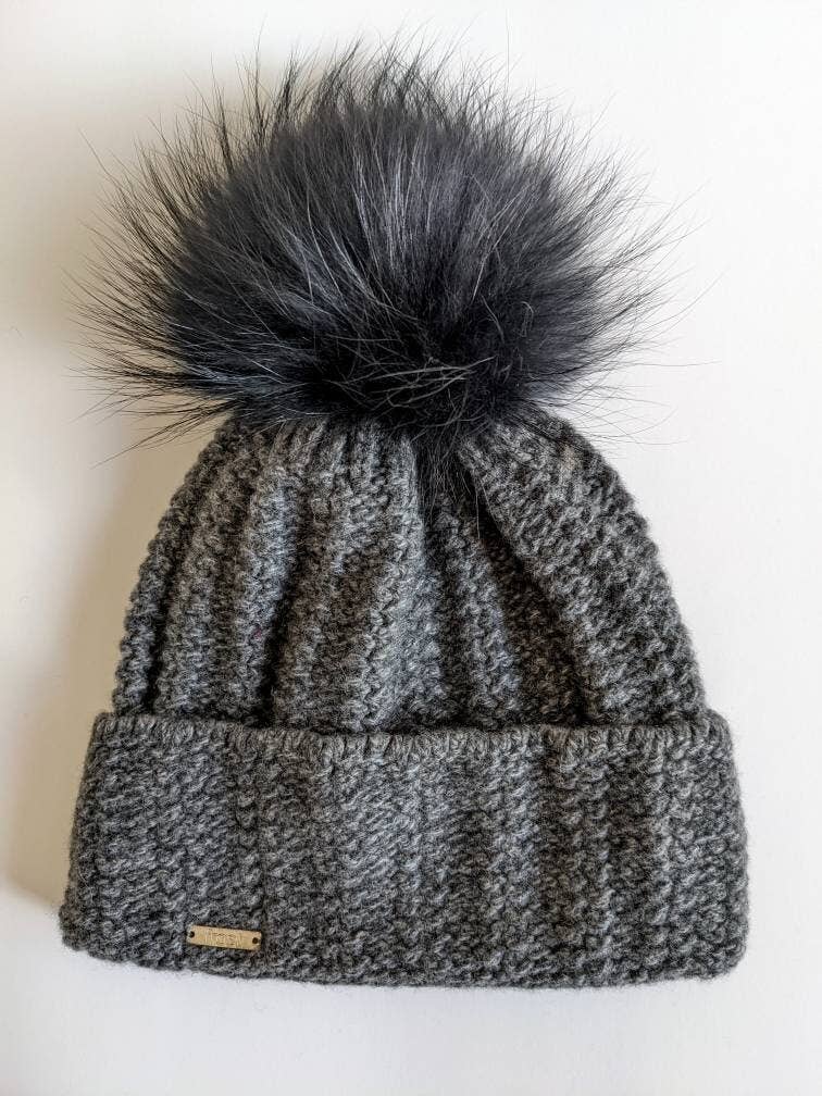 Cashmere Chunky Knit Hat with Detachable Raccoon Fur Pom